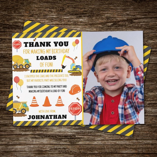 Construction Birthday Photo Thank You Card (Creator Uploaded)