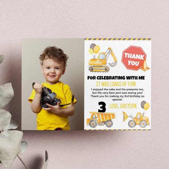 Construction Birthday Photo Thank You Card (Creator Uploaded)