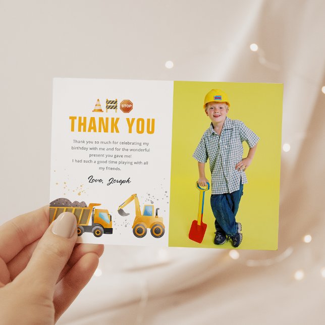 Construction Birthday Photo Thank You Card (Creator Uploaded)
