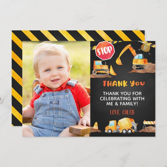 Construction Birthday Thank You Card - Photo BL (Front/Back)