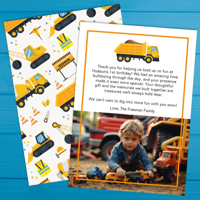 Construction Birthday Thank You Card – Yellow Dump (Construction Party Photo Thank You Card)