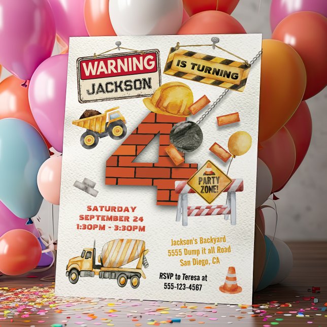 Construction Birthday Turning Four Wrecking Ball Invitation (Creator Uploaded)