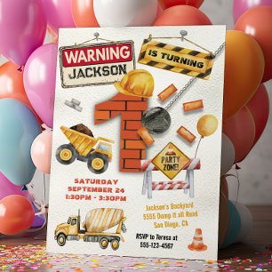 Construction Birthday Turning One Wrecking Ball Invitation