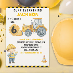 Construction Birthday Turning Six Boy Yellow Invitation