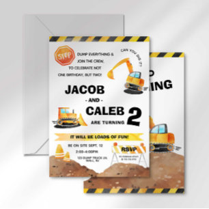 Construction Birthday Twin Invitation Any Age