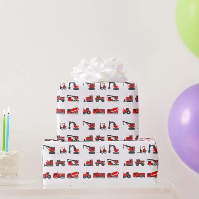 Construction, Black & Red Trucks, Crane, Tractor Wrapping Paper (Party Gifts)