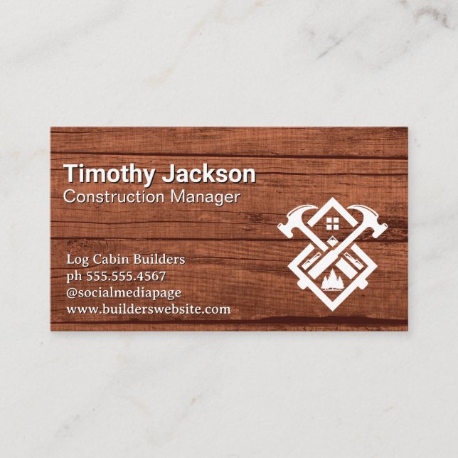 Construction Build Hammers Logo | Wood Background Business Card (Front)