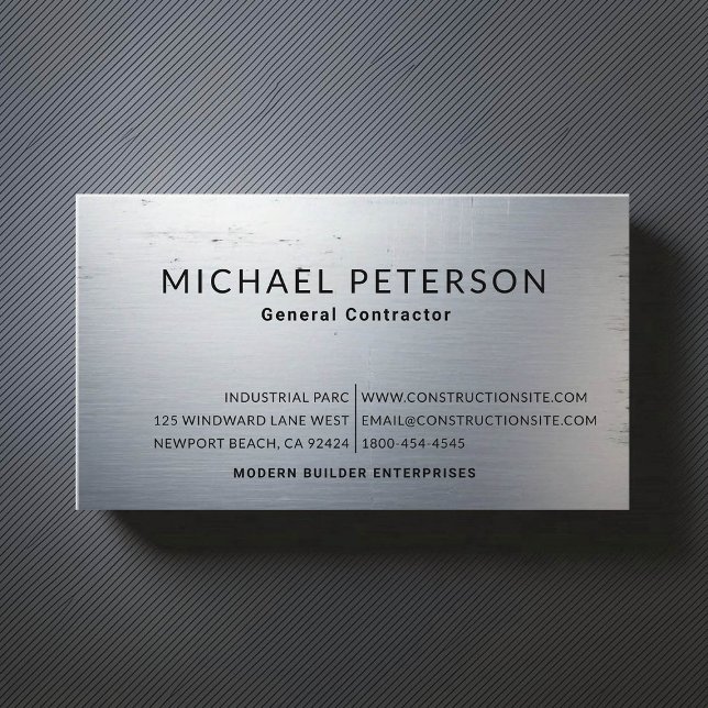 Construction Builder Developer Brushed Steel Metal Business Card (construction company builder remodeling business card brushed steel simple minimalist modern)