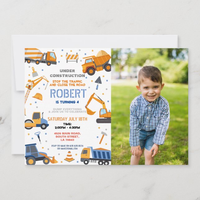 Construction Builder Digger Truck Birthday Party Invitation (Front)