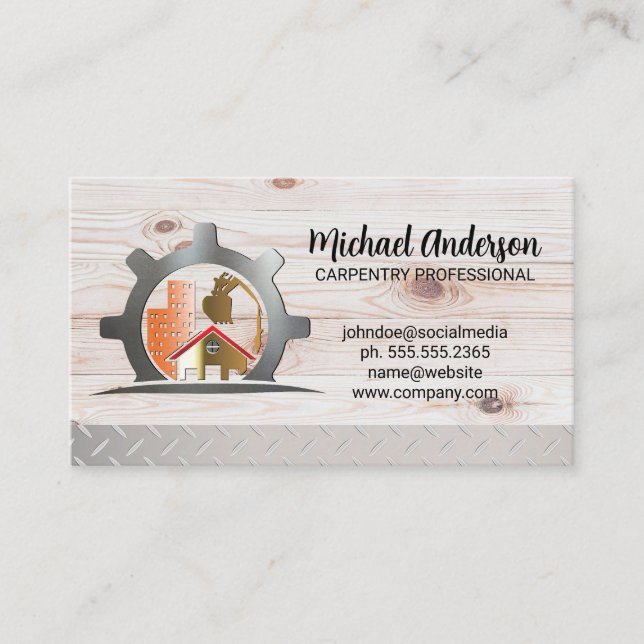 Construction Builds | Wood Steel  Business Card (Front)