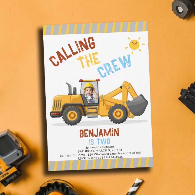 Construction Bulldozer Crew Boy 2nd Birthday Photo Invitation (photo construction birthday invitation 2 second boys bulldozer vehicle crew theme personalized)