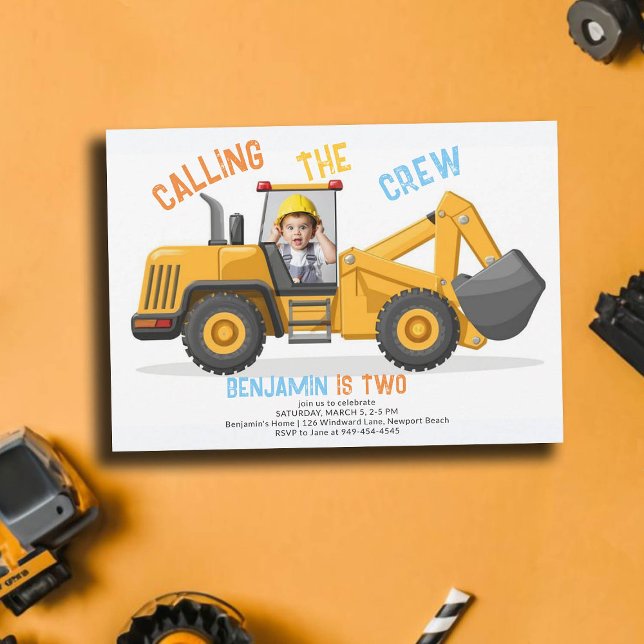 Construction Bulldozer Crew Photo Boy 2nd Birthday Invitation (photo construction invitation 2nd birthday second boys bulldozer vehicle theme personalized)