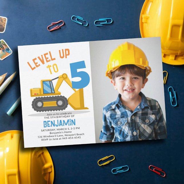 Construction Bulldozer Cute Photo Boy 5th Birthday Invitation (photo construction birthday party invitation boy 5 fifth five bulldozer vehicle truck level up cute)