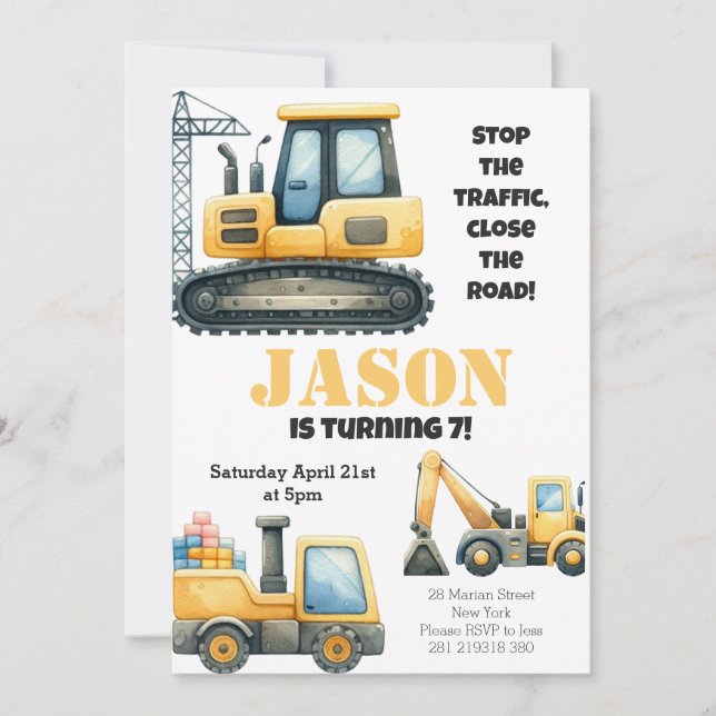 Construction Bulldozer  Kids Birthday Party Invitation (Front)