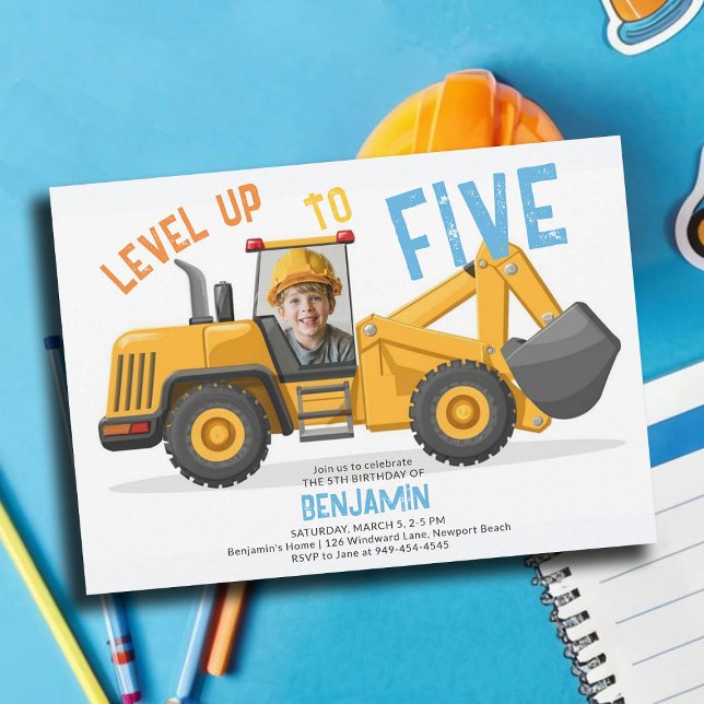 Construction Bulldozer Level Up Photo 5th Birthday Invitation (photo construction invitation 5th birthday five fifth boys bulldozer vehicle theme personalized)