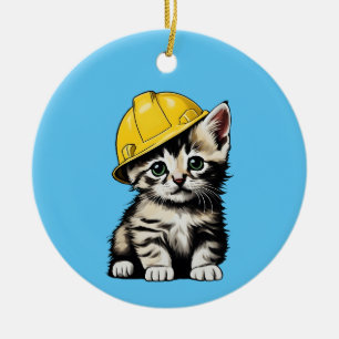 Construction Cat Ceramic Ornament