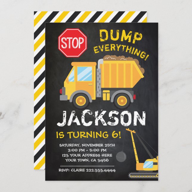 Construction Chalkboard Birthday Invitation (Front/Back)