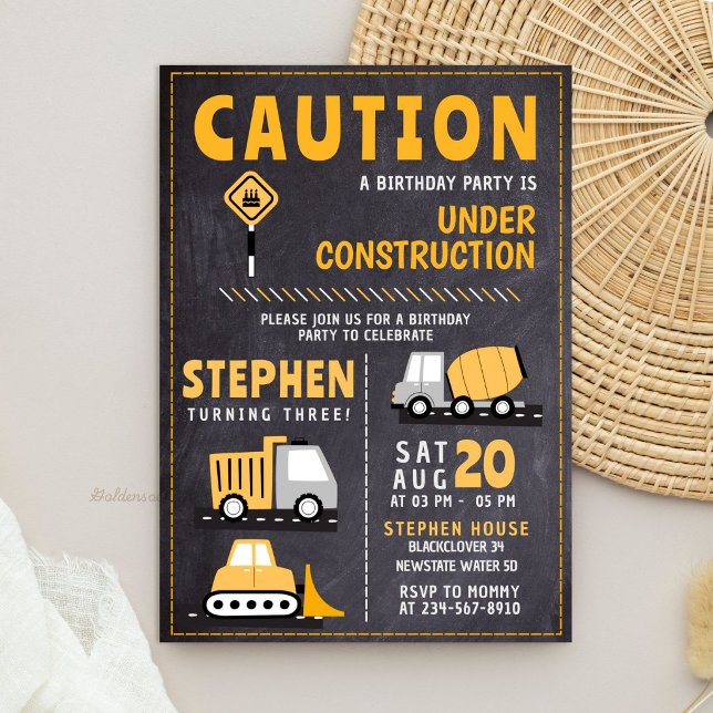 Construction Chalkboard Birthday Party Invitation (Construction Chalkboard Birthday Party Invitation)