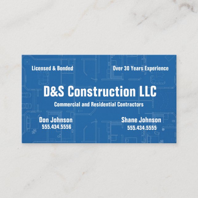 Construction Company Blueprint Business Card (Front)