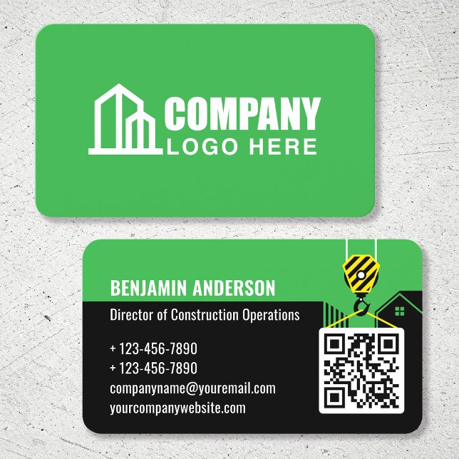 Construction Company Logo QR Code Green Business Card (Creator Uploaded)