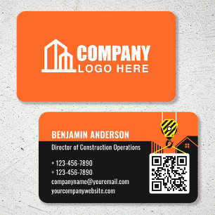 Construction Company Logo QR Code Orange Business Card