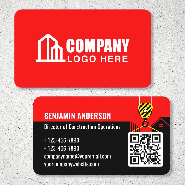 Construction Company Logo QR Code Red Business Card (Creator Uploaded)