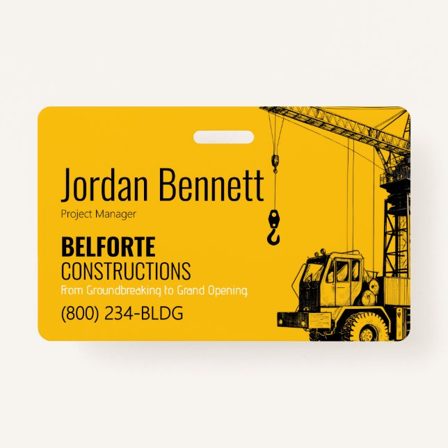 Construction Company, Yellow & Black Crane Design  ID Badge (Front)
