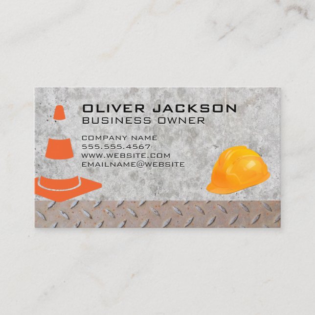 Construction Cone and Hard Hat | Steel Concrete Business Card (Front)