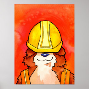 Construction Corgi Watercolor Poster
