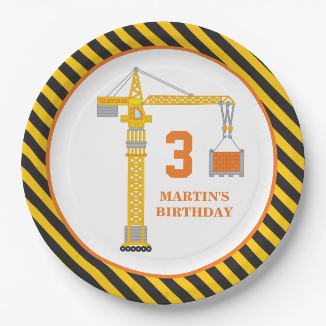 Construction Crane Birthday Party Paper Plate (Front)