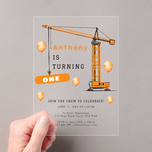 Construction Crane Kids & Adults Birthday Acrylic Invitations (Insitu (Handheld))