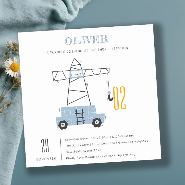 Construction Crane Kids Any Age Birthday Invite (Creator Uploaded)