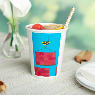 Construction Crane Lifting Brick Wall Paper Cups