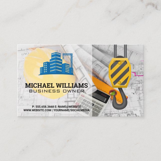 Construction Crane | Skyscraper | Blueprints  Business Card (Front)