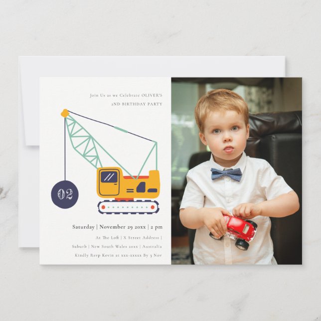 Construction Crane Vehicle Photo Birthday Invite (Front)