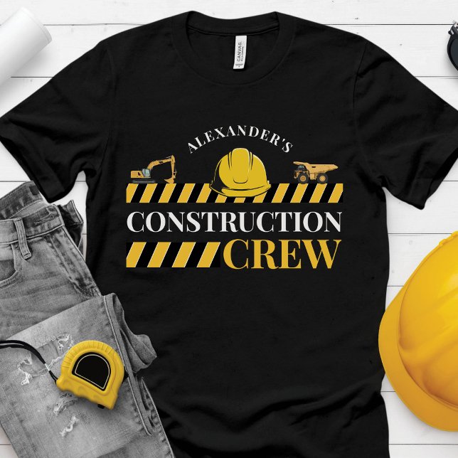 Construction Crew Boy Birthday Party Family Black T-Shirt (Funny birthday boy name construction crew building dump truck digger family party black t-shirt)