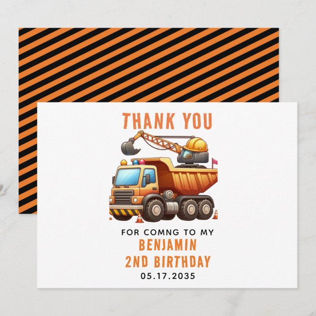 Construction Crew Dump Truck 2nd Birthday Thank You Card (Front/Back)