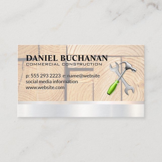 Construction | Cut Wood | Hammer Wrench Business Card (Front)