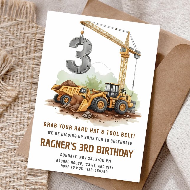 Construction Digger 3rd Birthday Invitation (Creator Uploaded)