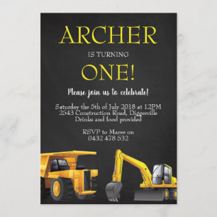 Construction Digger Boy Birthday Invite Invitation