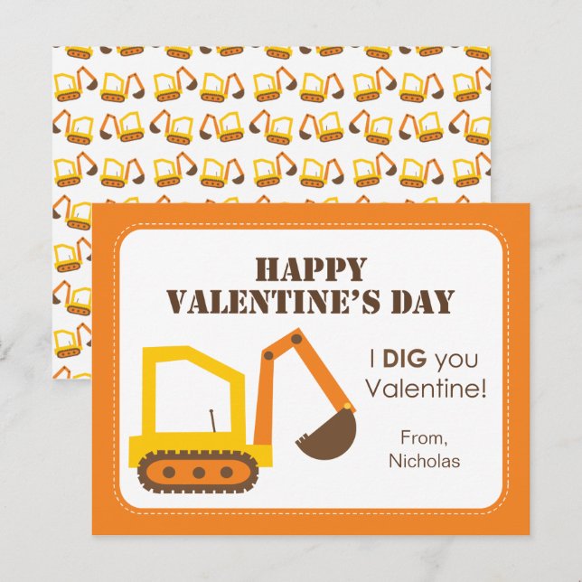 Construction Digger Classroom Valentines Holiday Postcard (Front/Back)