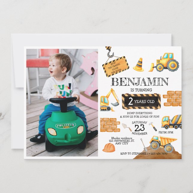 Construction Digger Trucks 1st Birthday Party Invitation (Front)