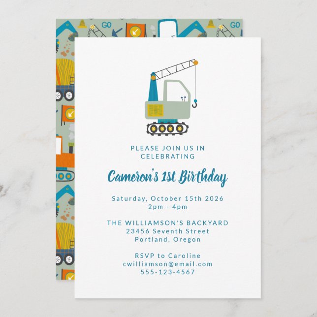 Construction Digger Trucks Blue 1st Birthday Party Invitation (Front/Back)