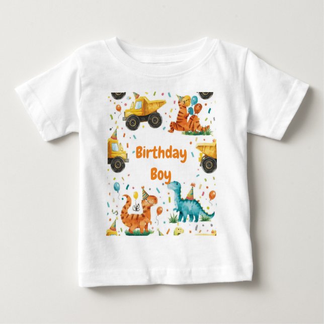 Construction Dinosaur Birthday Boy Personalized Baby T-Shirt (Front)