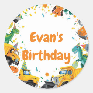 Construction Dinosaur Birthday Party Classic Round Sticker