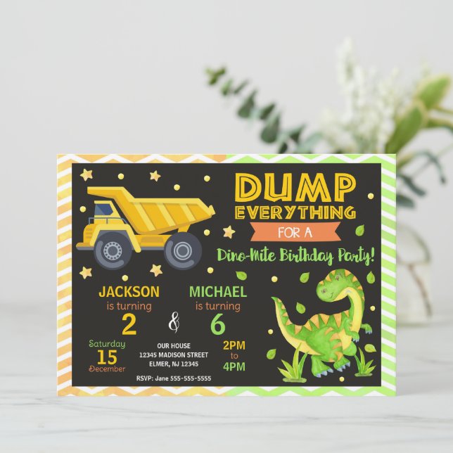 Construction & Dinosaur Joint Birthday Invitation (Standing Front)