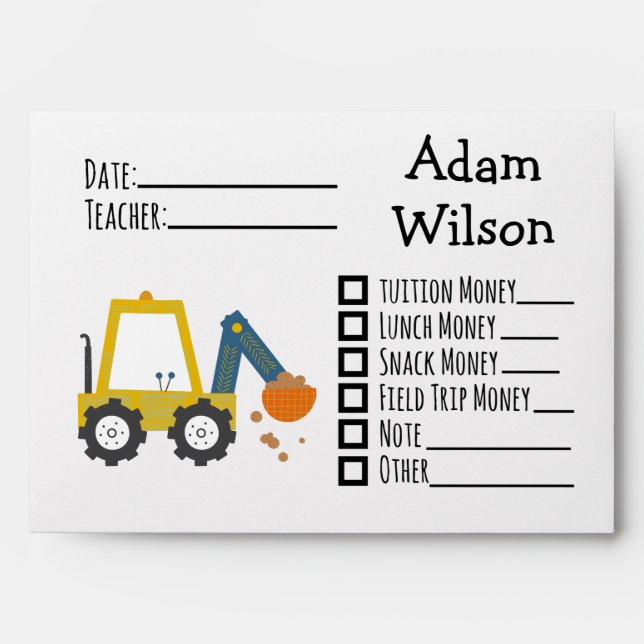Construction Dirt Digger Excavator School Money Envelope (Front)