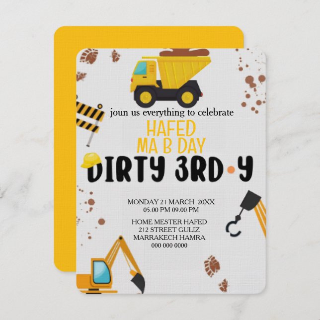 Construction dirty 3rd-y birthday invitation, truc invitation (Front/Back)