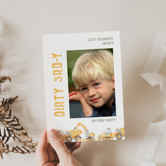 Construction Dirty 3rd-y Photo Birthday Invitation (Creator Uploaded)