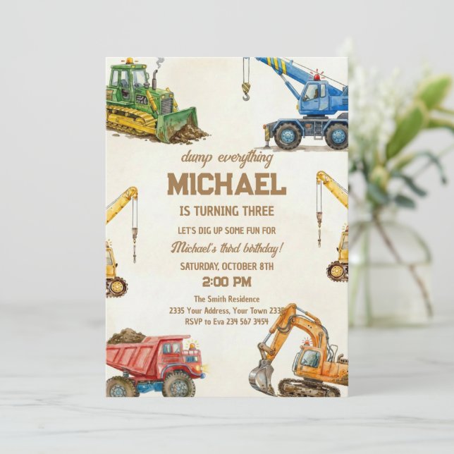 Construction Dump Everything Truck 3rd birthday Invitation (Standing Front)